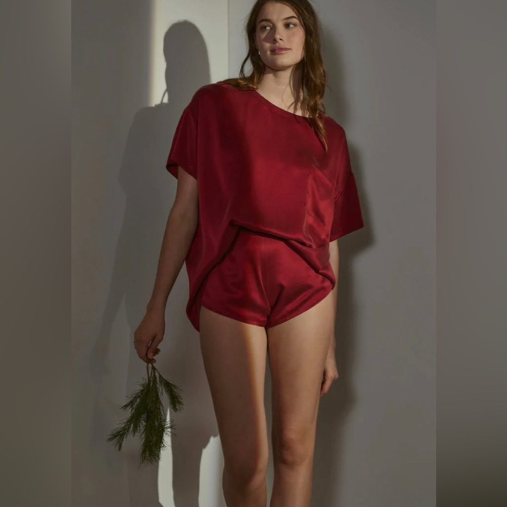 Lunya Washable Silk Tee Set With Shorts XL Red Wine Burgundy
